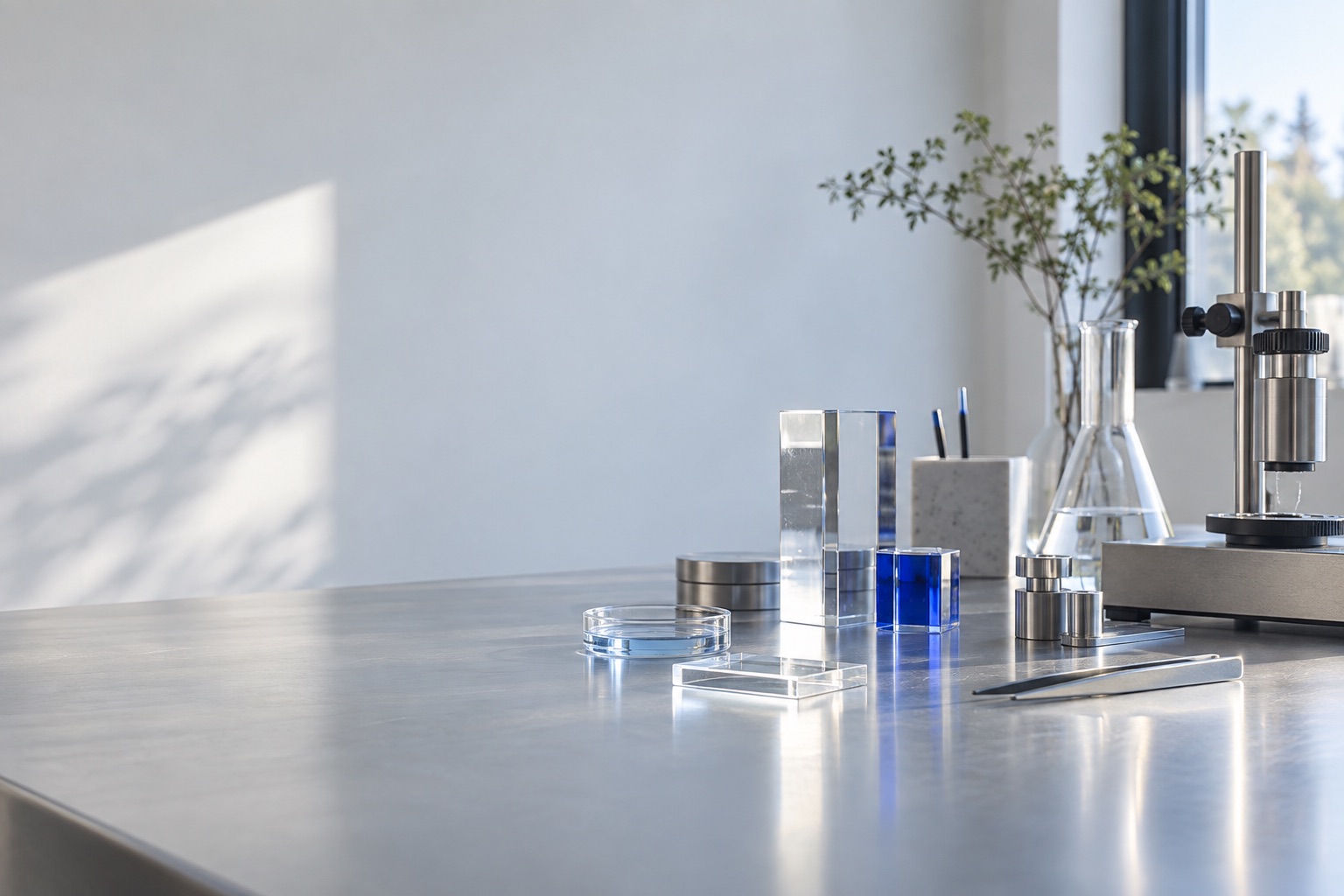 Precision instruments and glass samples on a sunlit laboratory worktable.